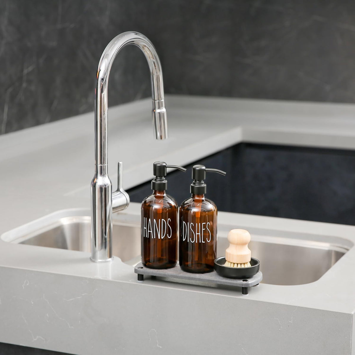 MOMEEMO Amber Glass Soap Dispenser Set Comes with Stainless Steel Pumps, Instant Dry Tray, and Dish Scrub Brush, Suitable for Soap Dispenser for Kitchen Sink. (Amber)