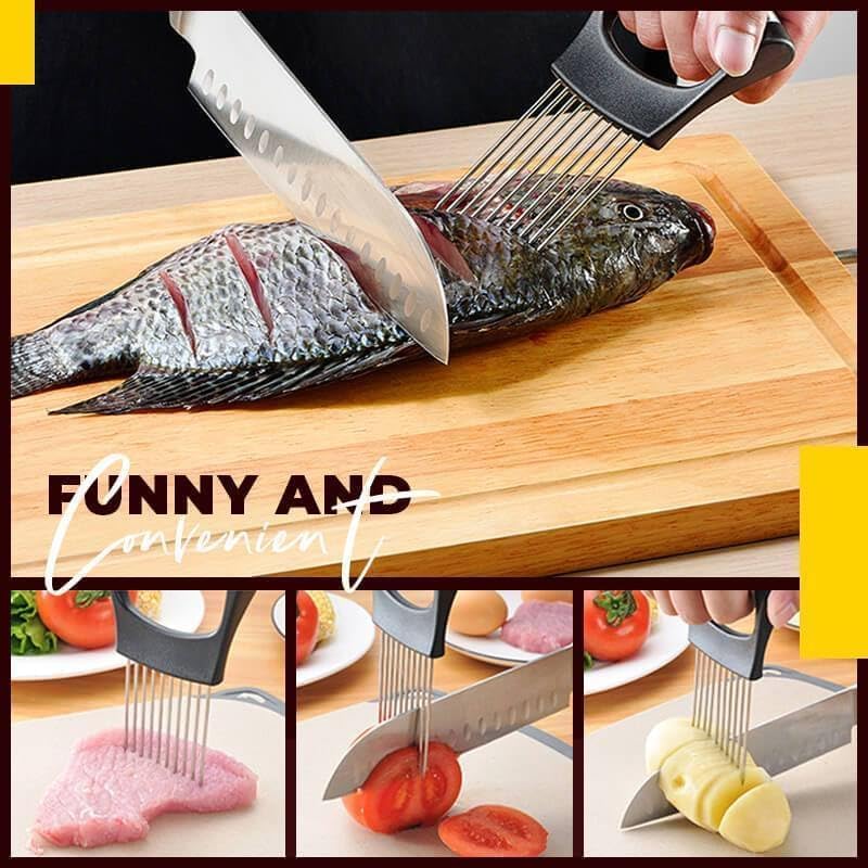 Onion Slice Holder, 2024 New Stainless Steel Holder for Slicing, Chopper Assistant Tool, Cutter for Meat, Onion, Potato, Tomato - Kitchen Gadgets (Black, 3 Pack)