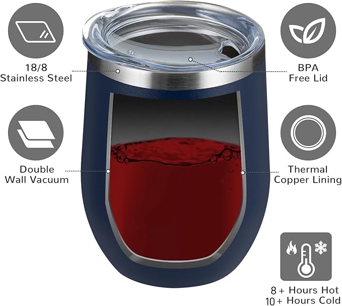 MEWAY 12oz Wine Tumbler 16 Pack Bulk Gifts for Women,Double Wall Vacuum Stainless Steel Travel Mug with Lid,Insulated Stemless Wine Cup Glass for Coffee,Cocktails,Drinks(Navy,Set of 16)