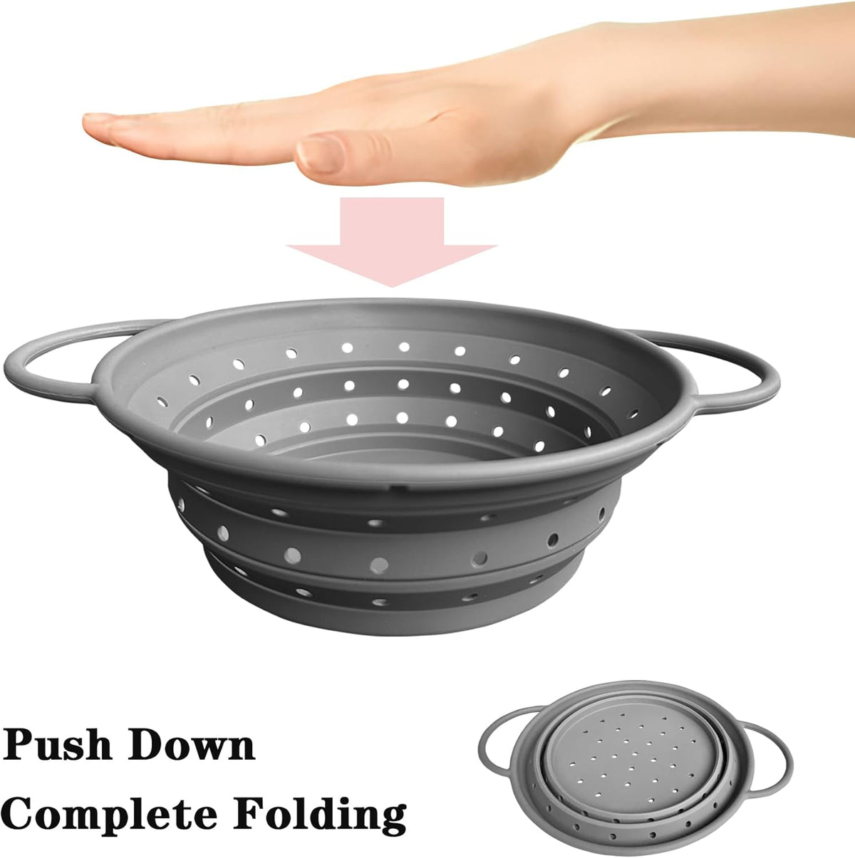 Silicone Collapsible Colander with Handle, Kitchen Colander for Easy Storage,Four-side Fast Draining Silicone Draining Basket, Perfect for Fruits Vegetables (Gray M)
