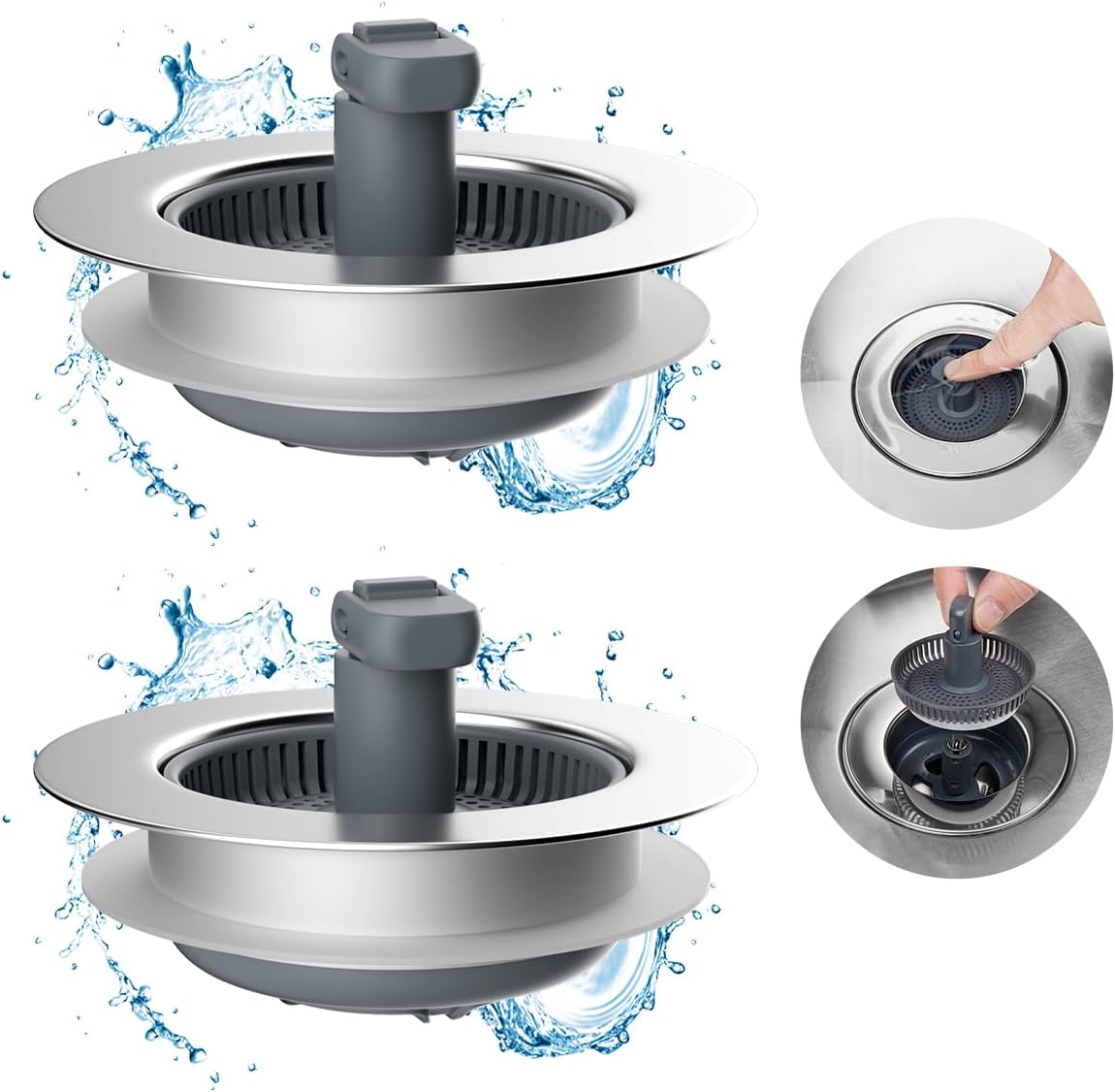 Hibbent 3 in 1 Kitchen Sink Drain Strainer and Stopper Combo, Chrome Stainless Steel Wraped Shell, Anti-Clogging Basket Strainer with Foldable Handle for US Standard 3-1/2" Drain