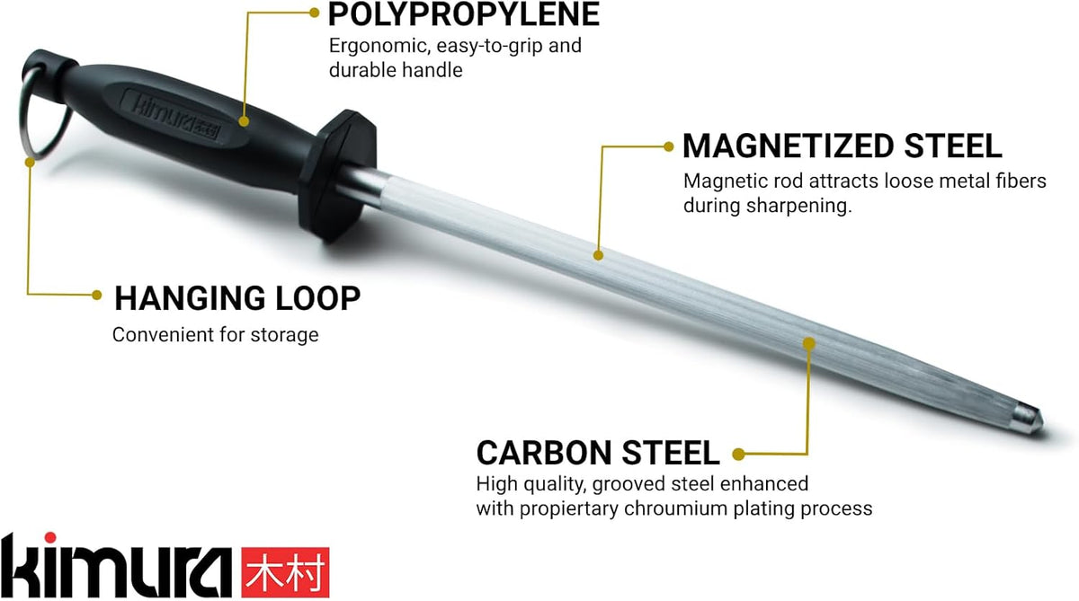 Kimura® Professional Honing Steel, 10 inch Honing Rod, Carbon Steel Knife Sharpener, Magnetized Steel, Ergonomic & Balanced Polypropylene Handle, Ideal for All Chef Knives, Japanese Gift Box