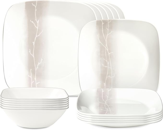 Corelle Vitrelle 18 Piece Glass Dinnerware Sets Rectangular Square Plate and Bowl Set Service for 6, Triple Layer Chip & Crack Resistant Glass Plate and Bowl Sets, Wandering Grove