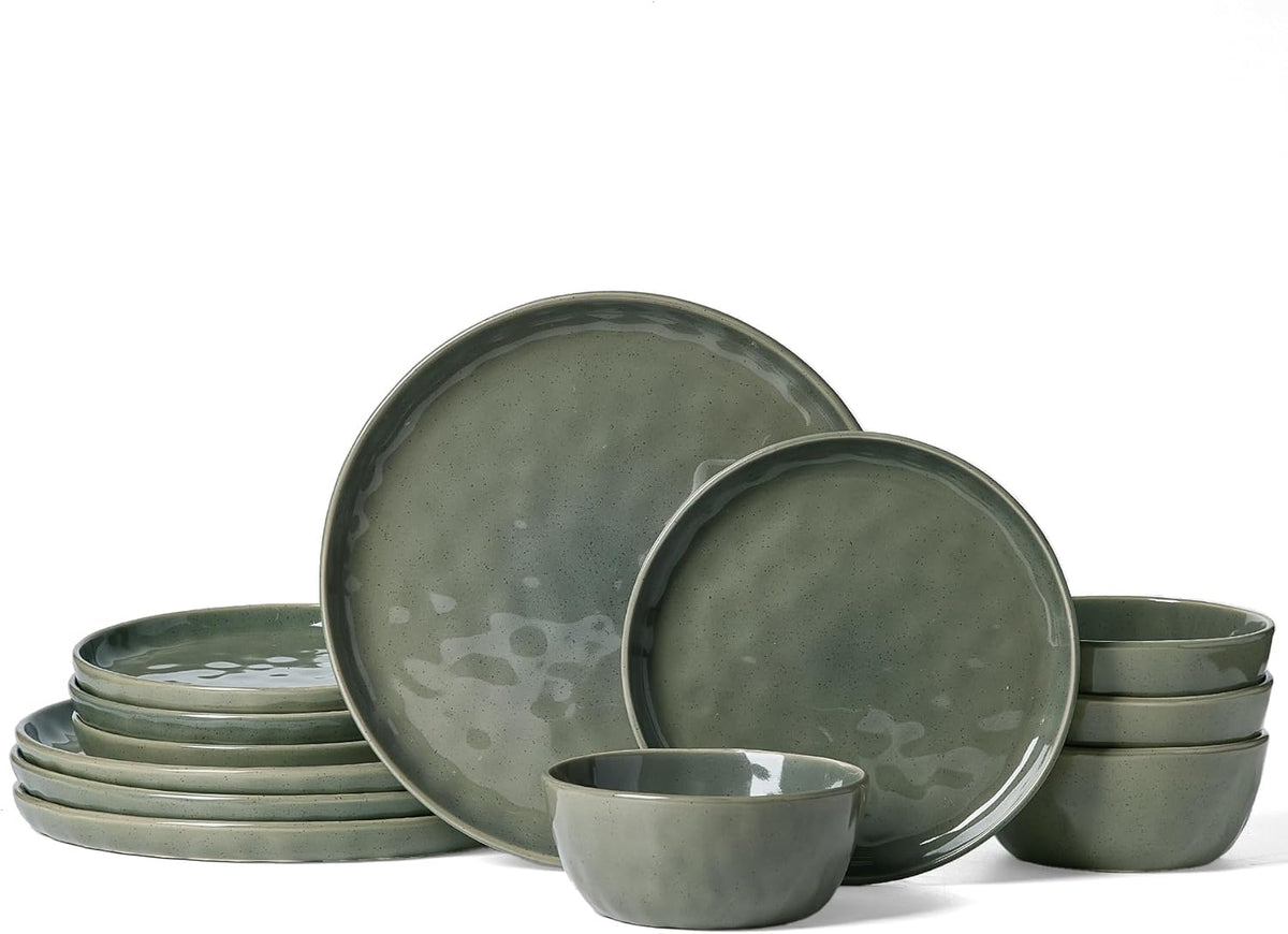 Famiware Mars Plates and Bowls Set, 12 Pieces Dinnerware Sets, Dishes Set for 4, Sage Green