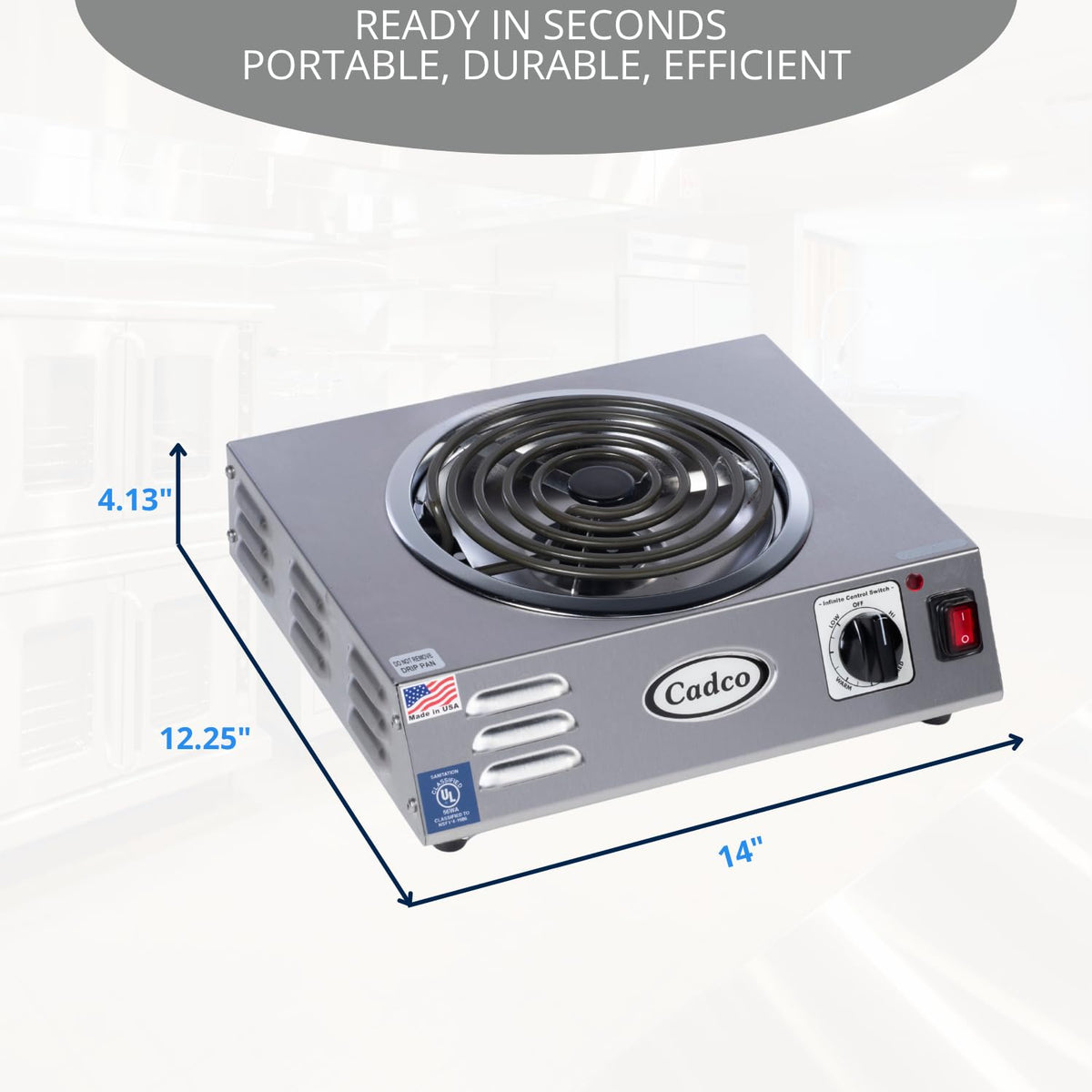 Cadco CSR-3T(220) 14" Electric Portable Countertop Hi-Power Hot Plate w/One Tubular Burner for Restaurant Hotel Food Truck Concession Kiosk, Stainless Steel, 220v