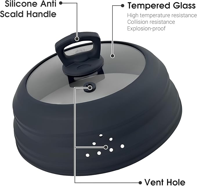 Microwave Splatter Cover Glass 10.5 Inch Microwave Cover for Food with Handle Collapsible Silicone Microwave Cover with Steam Vent for Pot Plate Bowl (Grey)