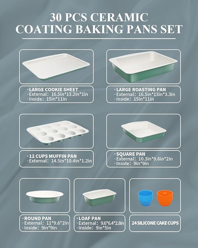 Ceramic Nonstick Baking Pans Set, Non Toxic 30 PCS Stackable Bakeware Sets, 550°F Oven Safe Baking Sheet & Pans, Warp-Free, Dishwasher Safe, PTFE/PFOA/PFOS-Free (Green)