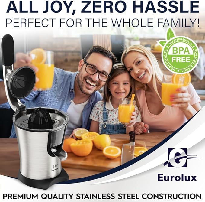 Eurolux Premium Electric Orange Juicer | Stainless Steel Citrus Squeezer With New Ultra-Powerful Motor and Soft Grip Handle for Effortless Juicing, Auto Shutoff, Dishwasher-safe Parts, Pulp Control