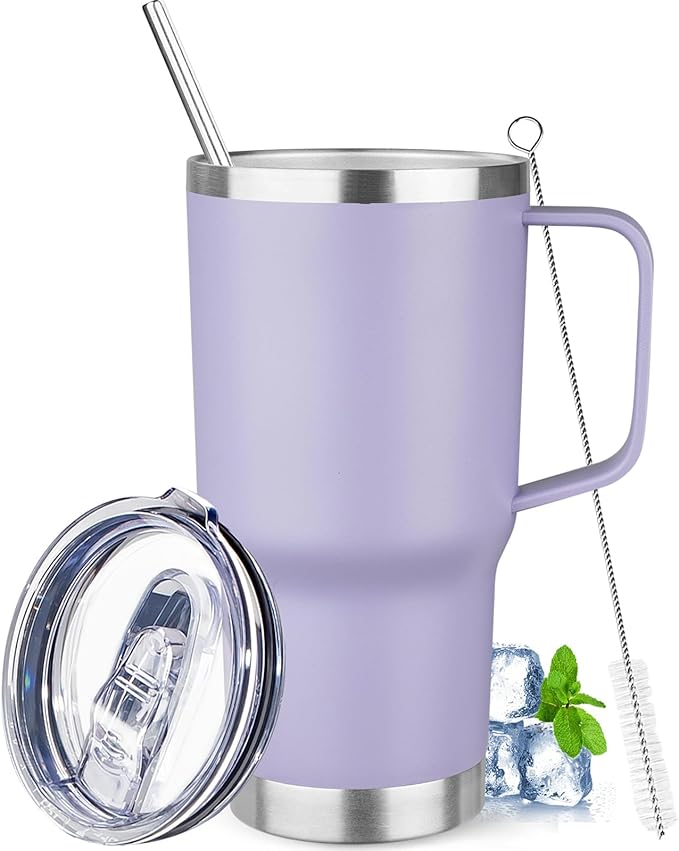 20 oz Tumbler with Handle Stainless Steel Insulated Coffee Mug Tumbler with Lid and Straw Double Wall Vacuum Insulated Coffee Mug Leak Proof Travel Tumbler for Hot and Cold Drink (Pale Purple,1pack)