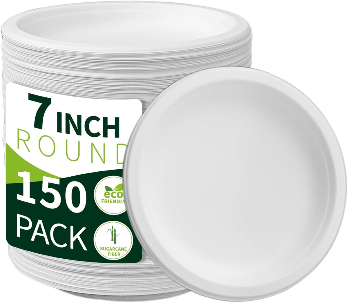 7 Inch Compostable Paper Plates 【White 150 Pack】, 100% Sugarcane Bagasse Small Dessert Plates, Bulk Disposable Plates, Sturdy Heavy Duty, Biodegradable Dinnerware for Party, Picnic, BBQ