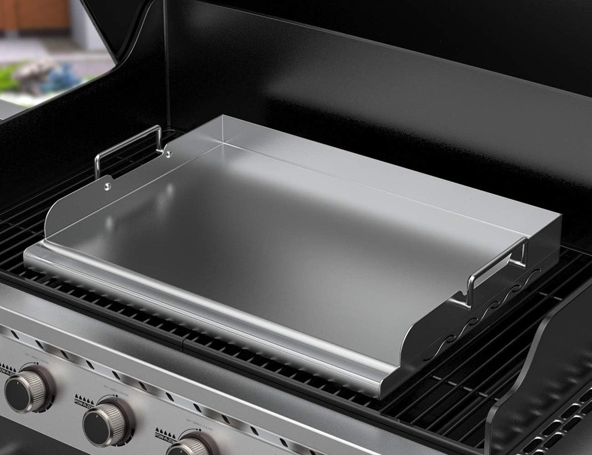 Skyflame Universal Stainless Steel Griddle Flat Top Plate with Even Heating Bracing for BBQ Charcoal/Gas Grills, Camping, Tailgating, and Parties 17" x 13"