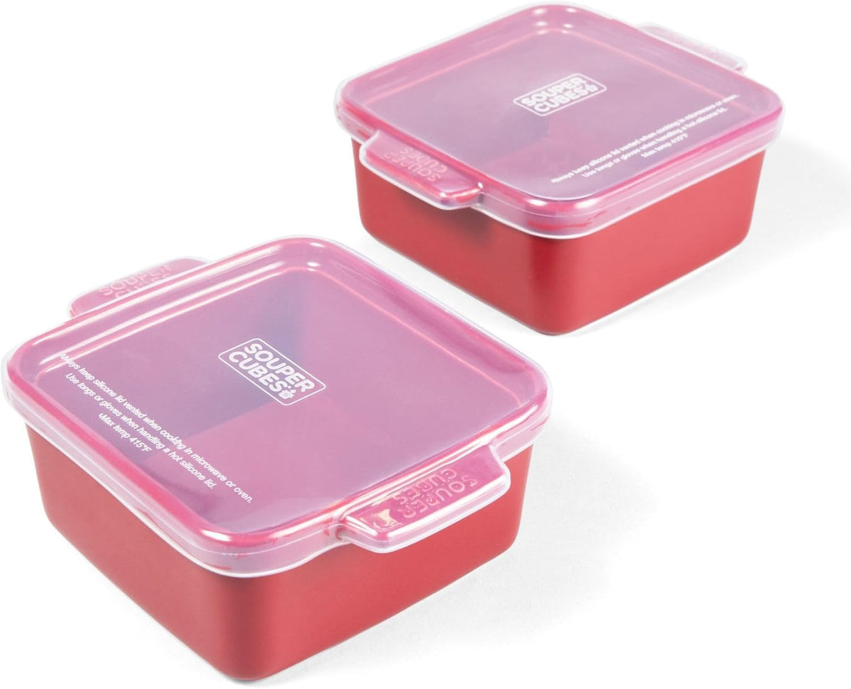 Souper Cubes Stoneware - 5" x 5" Baking Dishes for Oven with Silicone Covers, Premium Mini Ceramic Baking Dishes, Perfect for Reheating Individual Portions in Oven or Microwave, Set of 2 - Cranberry