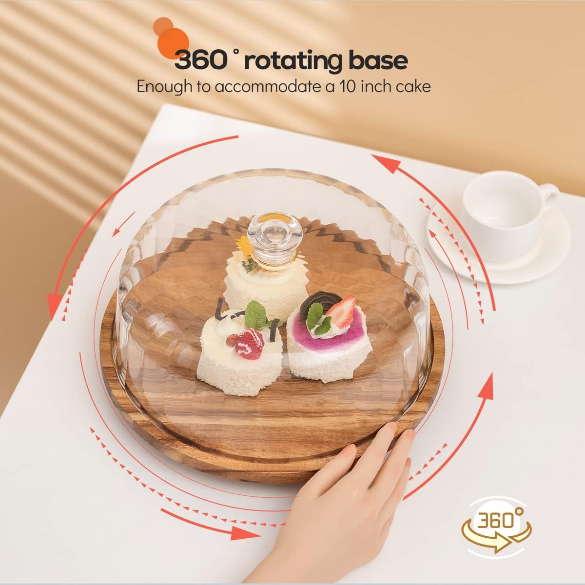 cutesun acacia wood cake stand with lid, 11.8'' Rotating Cake Stand with Dome, Shaterproof 10.4'' Acrylic Cake Display Cover, Cake Holder Tray for Wedding Gift，Kitchen,Birthday,Parties,Baking Gifts