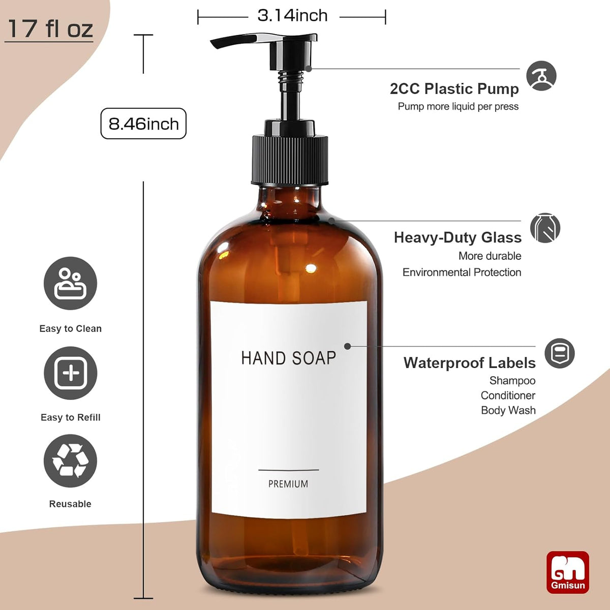 GMISUN Amber Glass Soap Dispenser, 2 Pack Bathroom Hand Soap Dispensers with Stainless Steel Pump, 17 Fl Oz Kitchen Hand and Dish Soap Dispenser Set, Modern Vintage Liquid Brown Soap Dispensers Bottle