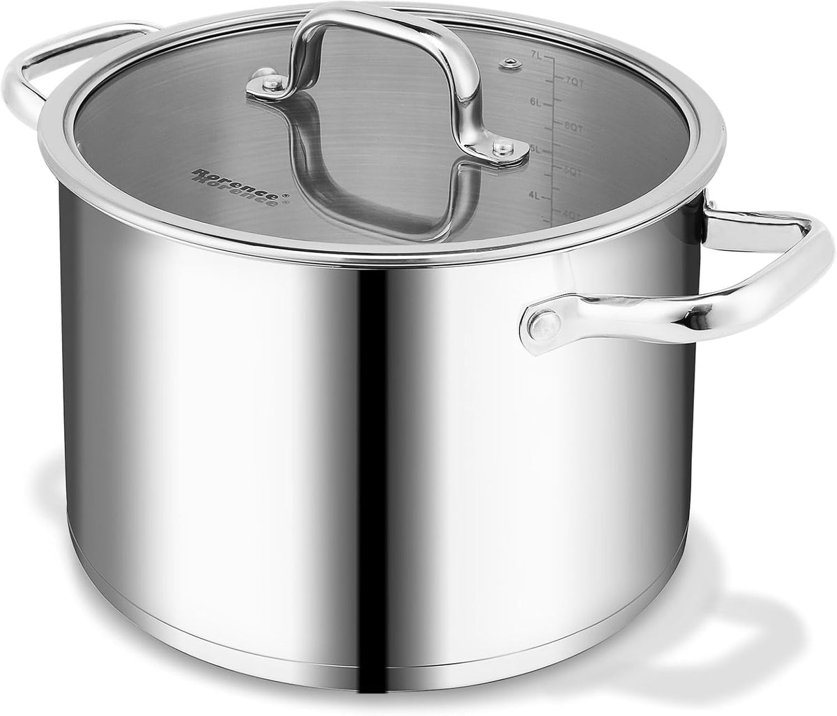 Rorence 8 Quart Stainless Steel Stockpot,Tri-Ply Base Large Pot for Cooking with Lid for Soup, Pasta, Vegetable, Induction Cooking Pot for All Stoves, Oven & Dishwasher Safe