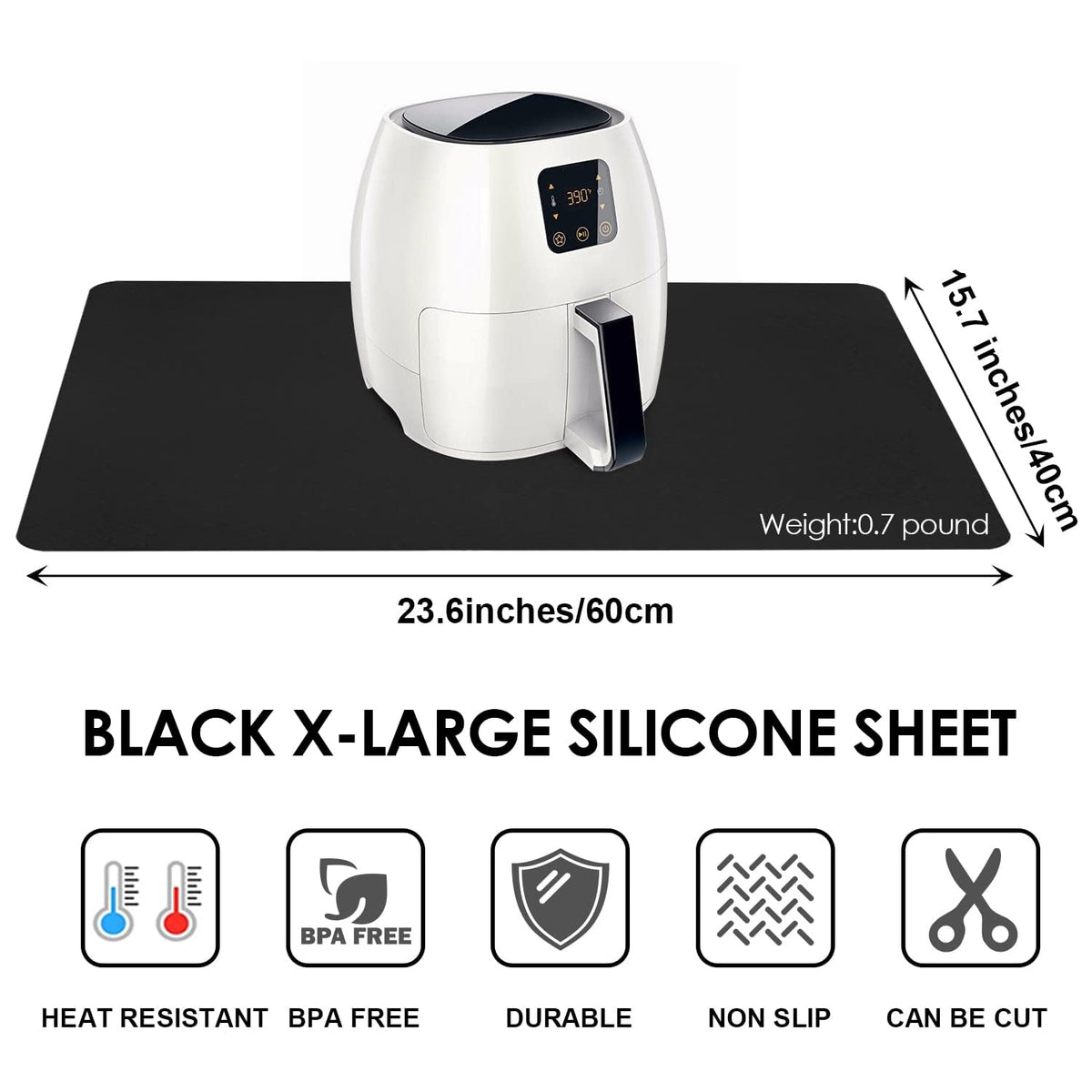 Food Grade Silicone Mats for Kitchen Counter - Countertop Protector Mat Heat Resistant Mat for Air Fryer, Non-Slip Kids Dinner Table Placemat, Nonstick Silicone Mat for Pastry, Baking, Black 1 Pack