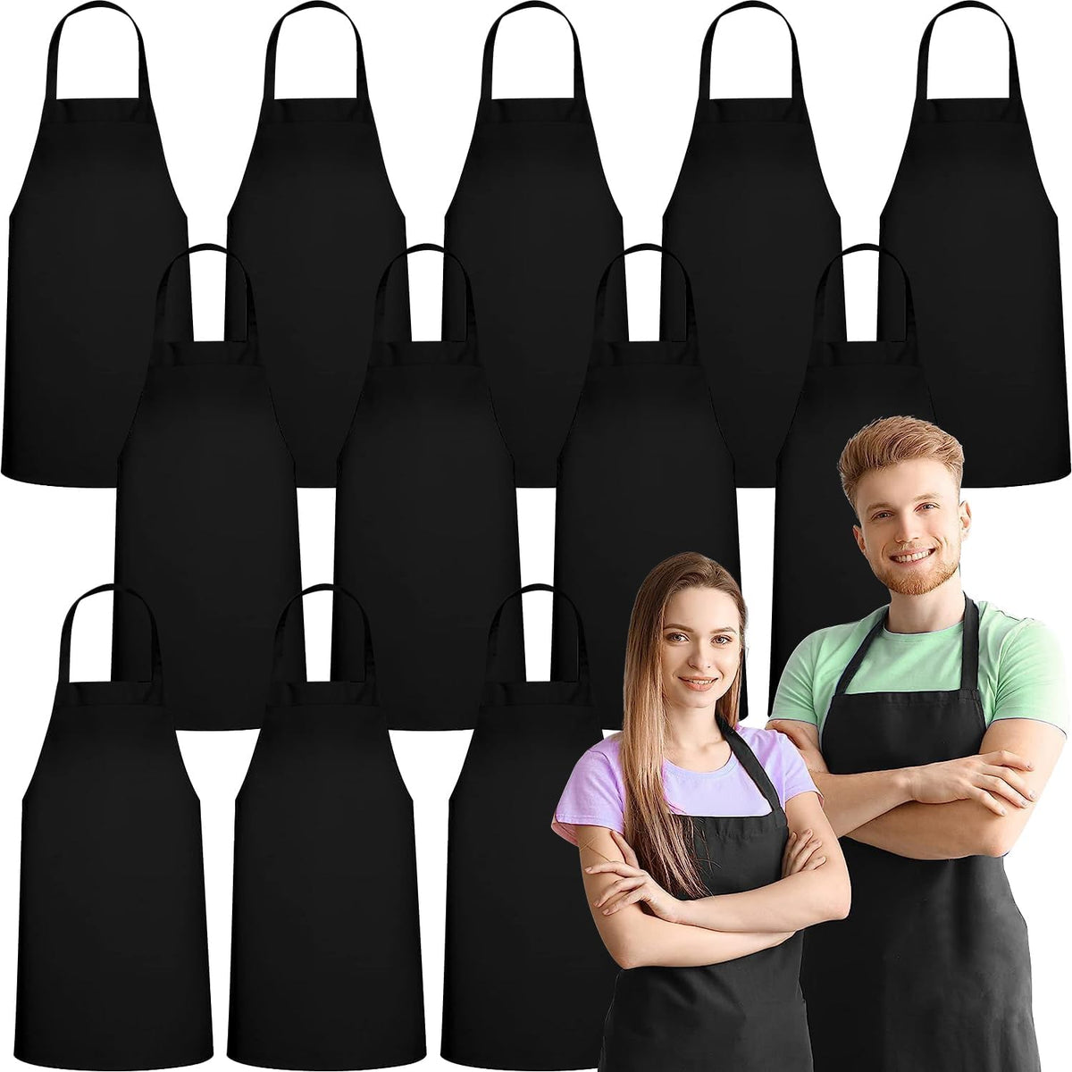 GREEN LIFESTYLE 12 Pack Professional Chef Apron – Grilling Aprons for Men, Waterproof Cooking Aprons for BBQ, Work or Restaurant Use, Kitchen Aprons for Women – Black, No Pockets