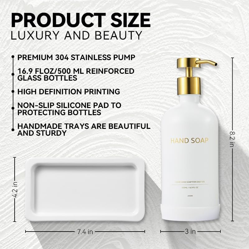 Glass Soap Dispenser Set with Ceramic Tray, 16.9 floz Hand and Dish Soap Dispenser for Bathroom Decor, White and Gold Kitchen Accessories (White Bottles + Gold Pumps)