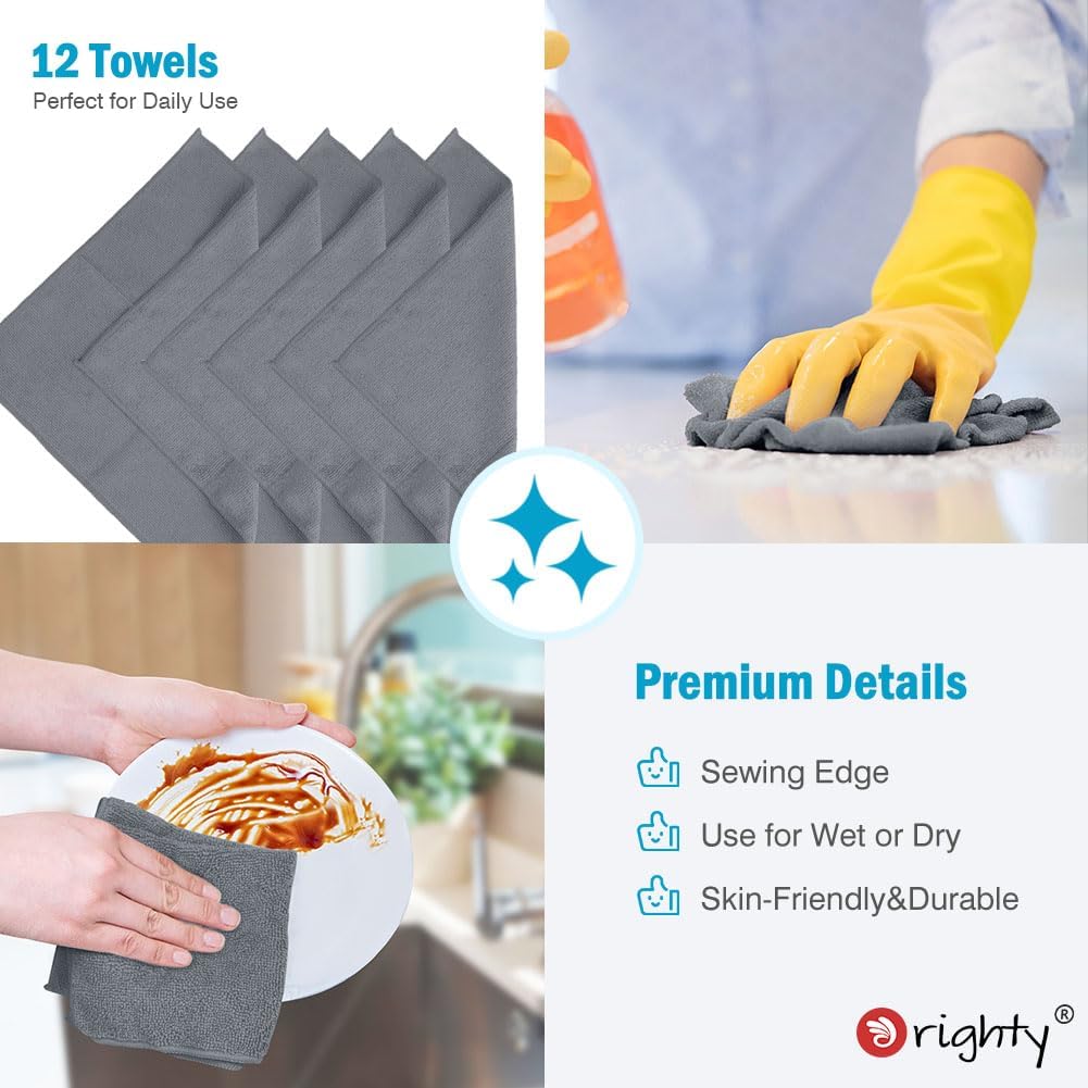 Orighty Microfiber Cleaning Cloth, 12 Pack Highly Absorbent Cleaning Supplies, Lint Free Cloths for Multiple-use, Powerful Dust Removal Clean Rags for House, Kitchen, Car Care(12x12 inch) Grey