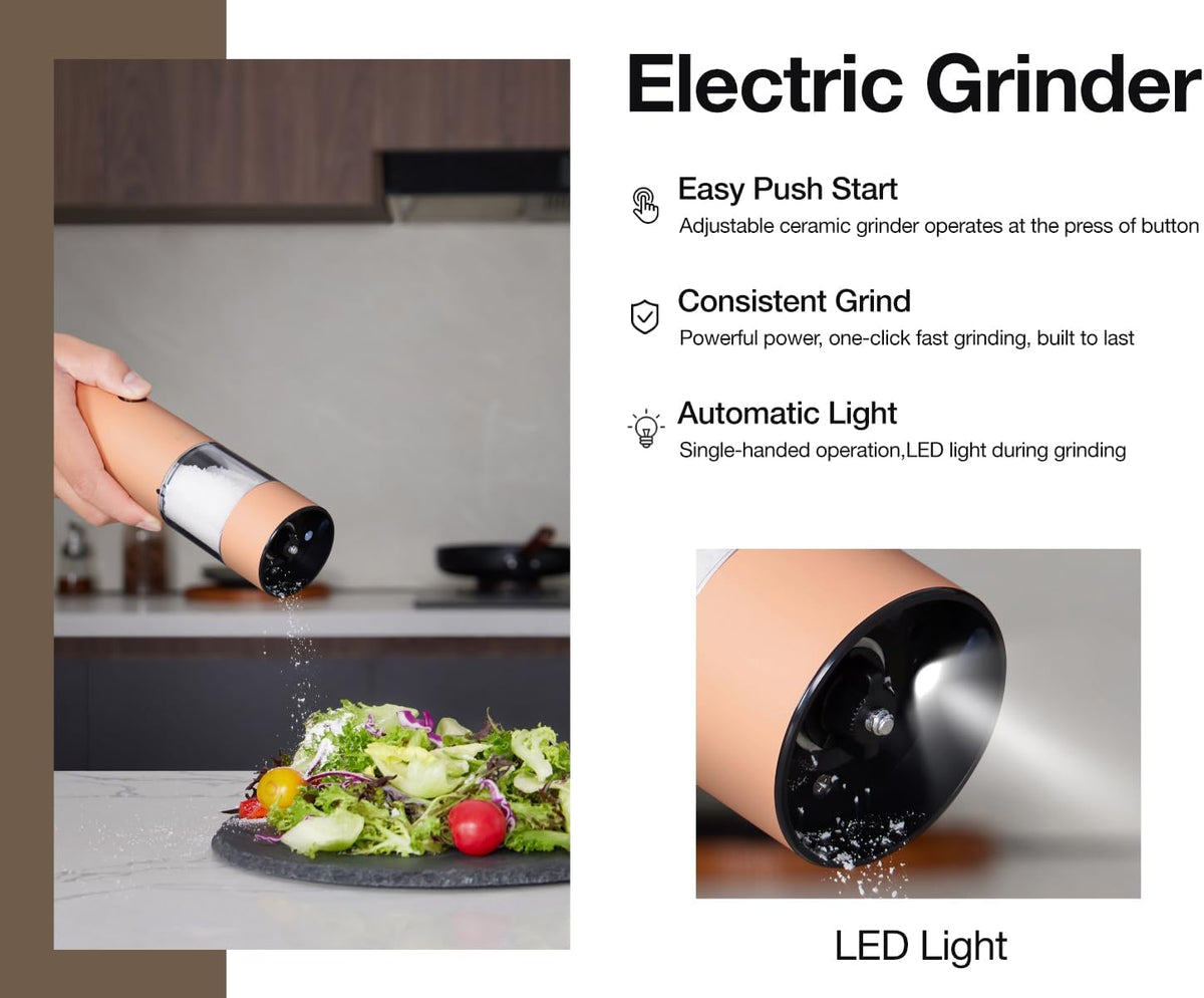 Electric Pepper Grinder and Salt Mill Set - Large Capacity USB Rechargeable Automatic Grinder with Dual LED Lights, One-Handed Operation & Slide Cover - Brushed Stainless Steel