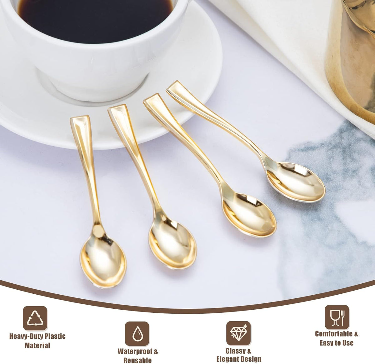 WDF 300 Pieces Plastic Gold Mini Spoons - 4 Inches Gold Plastic Tasting Spoons for Desserts, Heavy Duty Disposable Spoons Perfect for Coffee, Cake, Desserts, Appetizers