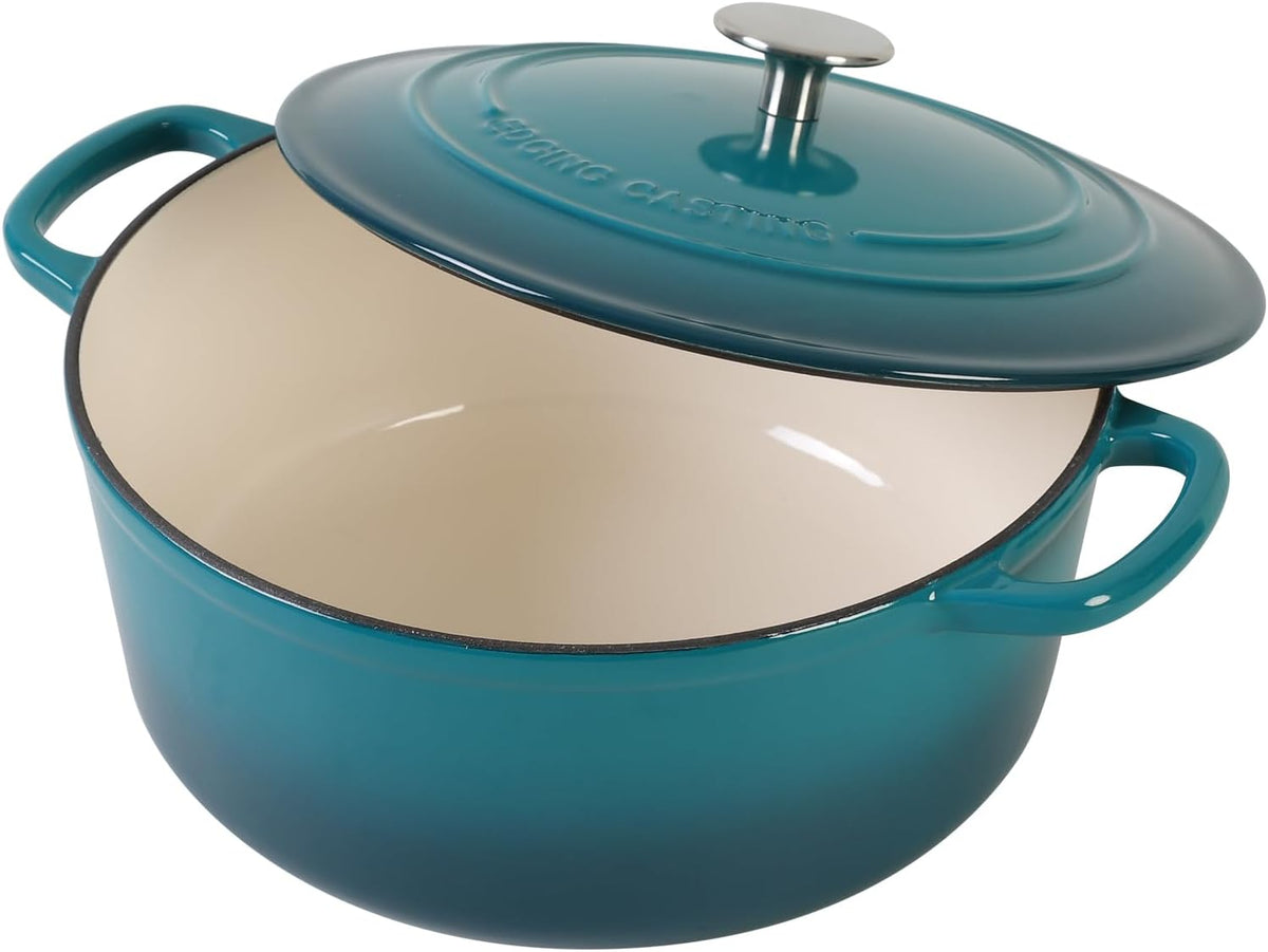 Enameled Cast Iron Dutch Oven Pot with Lid for Bread Baking, Cooking, Round Bread Oven Dual Handles, 7 Quart, Darkcyan