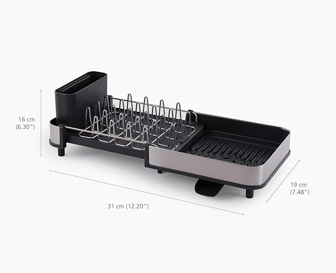 Joseph Joseph Extend Slim Steel Expandable Dish Drying Rack with Removable Cutlery Holder and Swivel Draining Spout, Compact Design, Grey