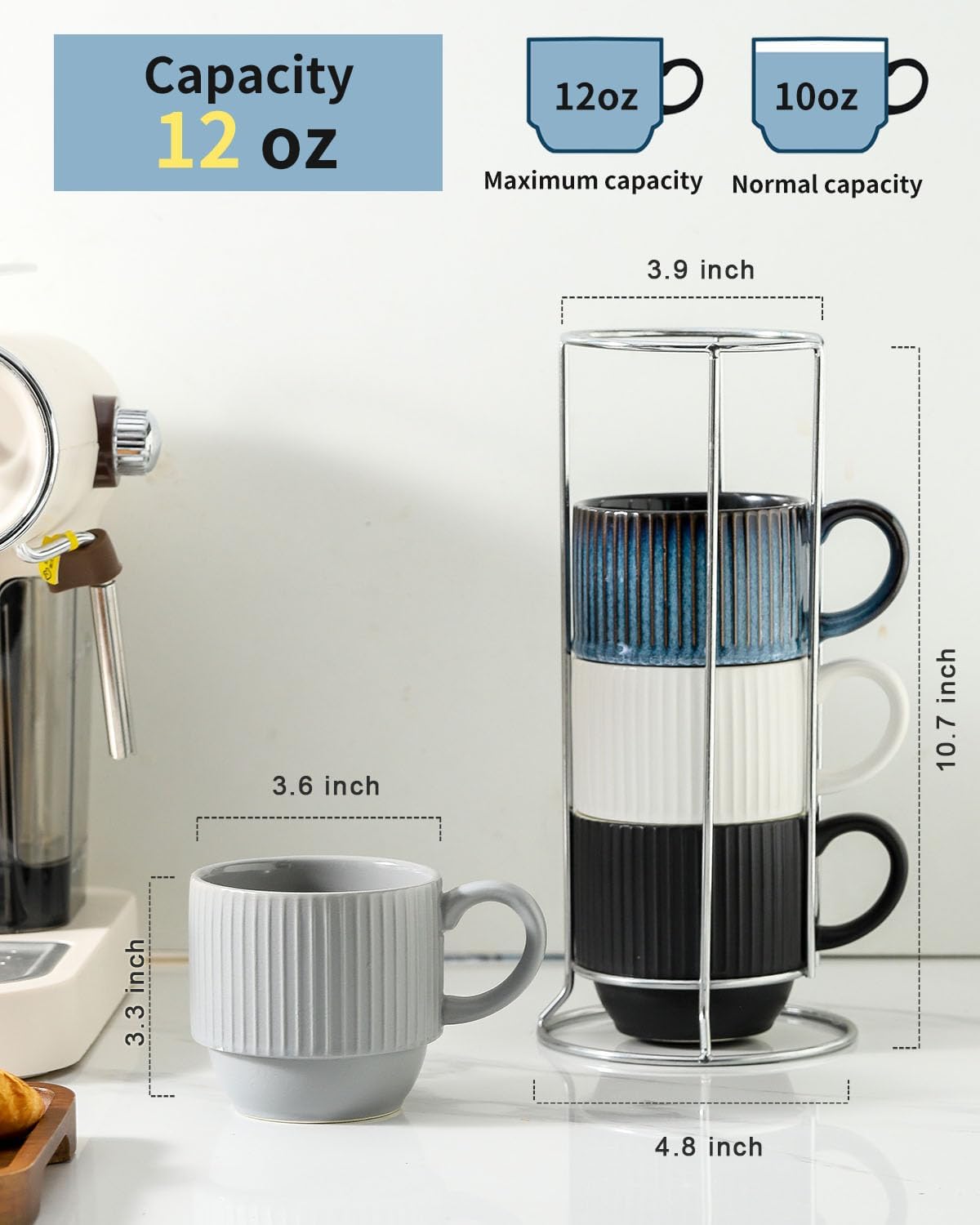Hasense Ceramic Coffee Mug Set of 4 with Rack - 12 oz Stackable Coffee Cups Ceramic - Modern Ribbed Latte Cup Sets for Cappuccino, Tea, Hot Cocoa, Drinks - Wedding & Housewarming Gifts Multi Colors