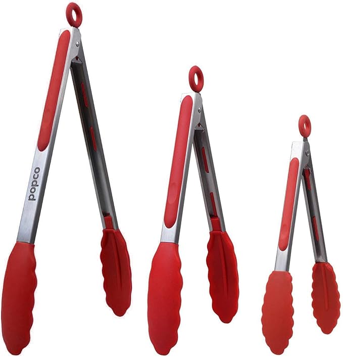 Popco 3-Piece Kitchen Tongs Set – Stainless Steel Heat Resistant Silicone Tips, Strong Comfort Grip, 3 Sizes (7, 9, 12 Inch), Non-Scratch, Dishwasher Safe, for Cooking, BBQ, Salad