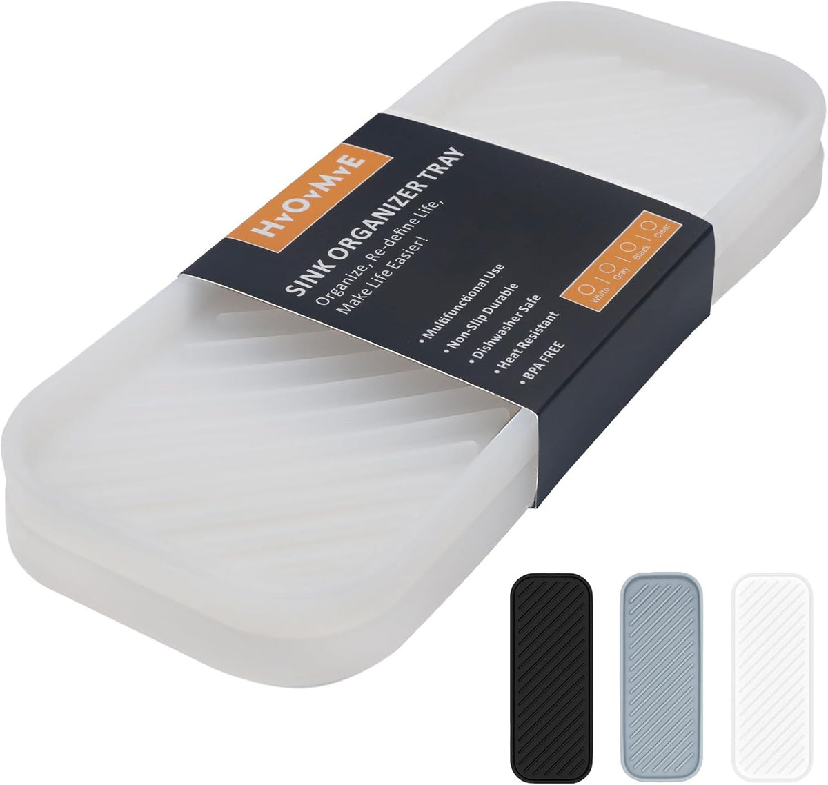 Silicone Organizer Tray, Soap and Sponge Holder for Kitchen Sink, Bathroom - Storage Tray for Dish Brush, Soap Dispenser, Dishwashing Accessories- 2 Pack (Clear)