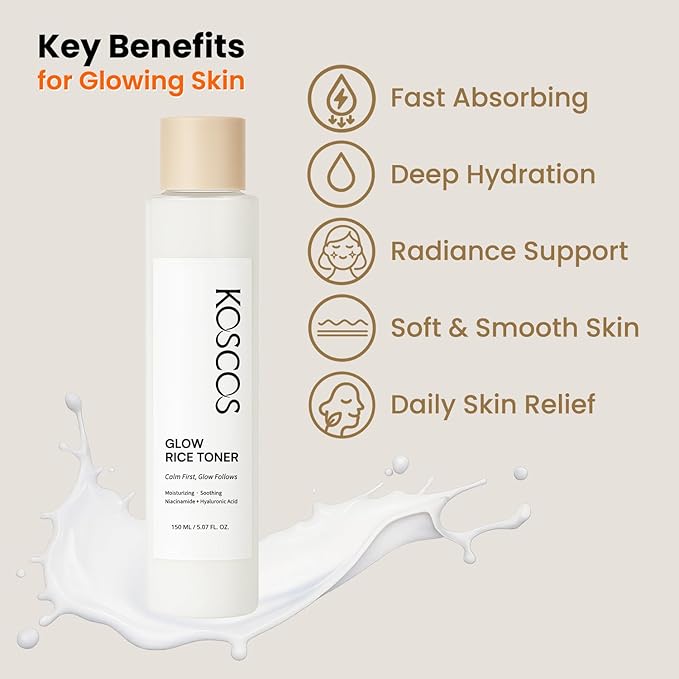 Glow Rice Toner, Milky Rice Water + 5-Layer Hyaluronic Acid Complex + Niacinamide, Korean Skin Care Moisturizing & Soothing Toner for Glowing Skin, 150ml / 5.07 fl.oz