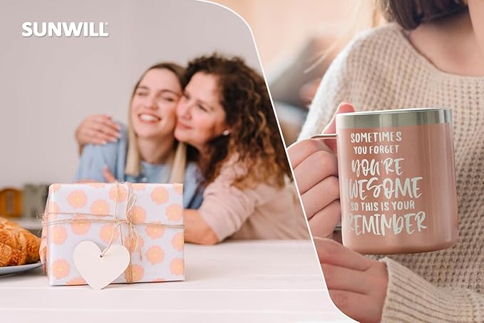SUNWILL Insulated Coffee Mug with Lid, Birthday Gifts for Women, Stainless Steel Coffee Cup, Inspirational Sometimes You Forget You're Awesome Gifts for Mom, Best Friend, Her- 14oz Rose Gold
