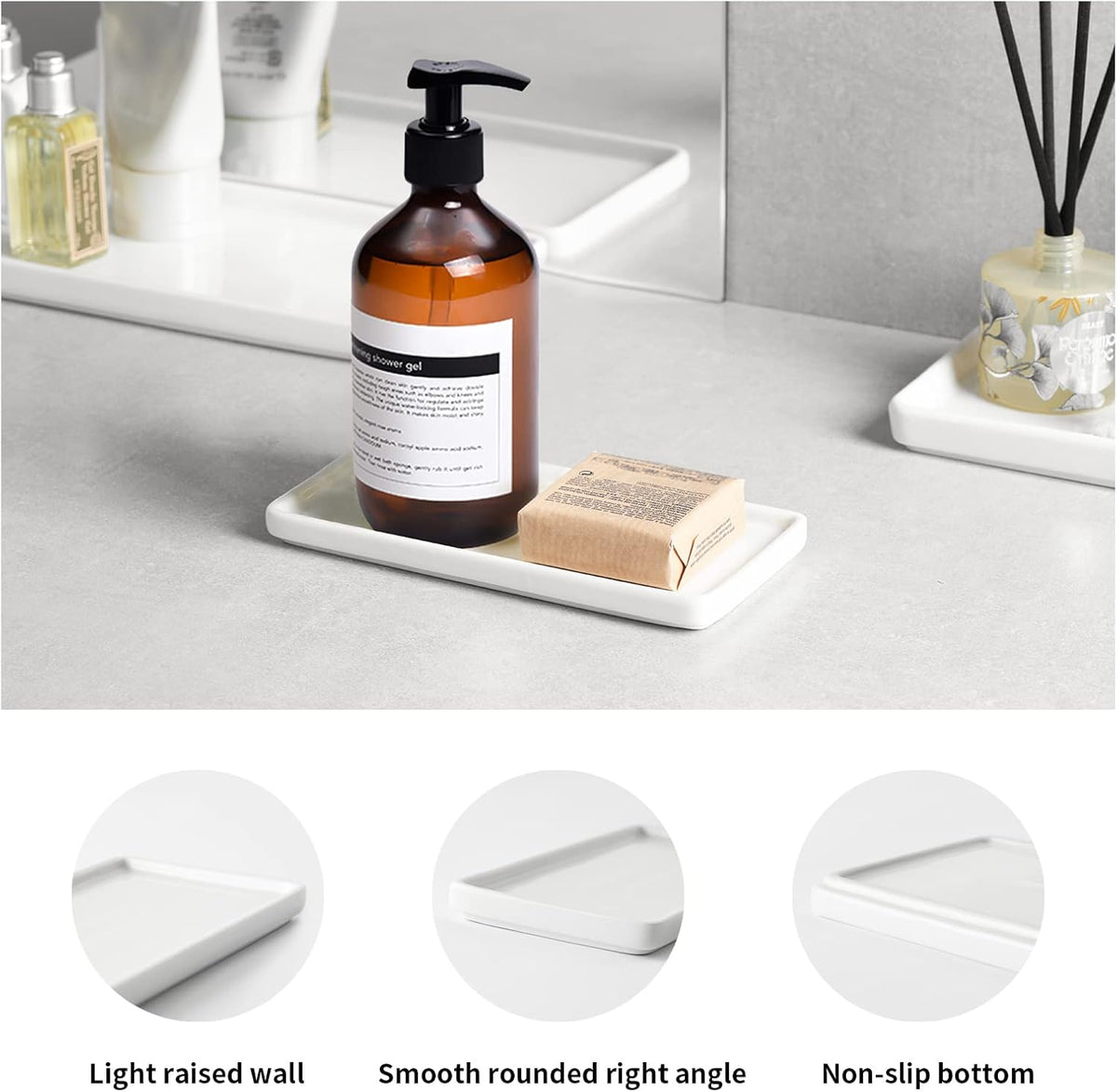 Gurygo 2 Pack 6" Bathroom Tray for Counter - Ceramic Vanity Trays for Bathroom - Small Rectangle Ceramic Tray - Kitchen Soap Trays for Kitchen Counter (White, Set/2)