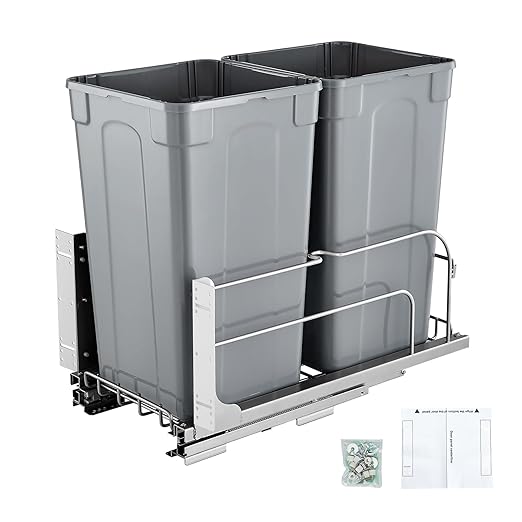 VEVOR Pull-Out Trash Can, 27 QT x2 Double Under Mount Kitchen Waste Container, Heavy Duty Garbage Recycling Bin with Door Kit and Soft Close Slide, for Kitchen Cabinet, Sink, Under Counter (Grey)