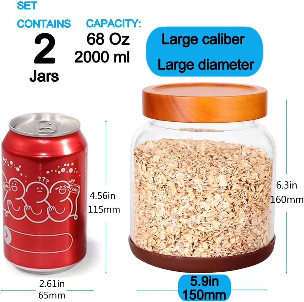SAIOOL Large Capacity Screw Glass Food Storage Jars (Set of 2) - Diam 15cm x H16cm 2000ML Kitchen Canisters for Flour, Rice, Pasta, Leakproof Design with Yellow Wood Lid & Accessories