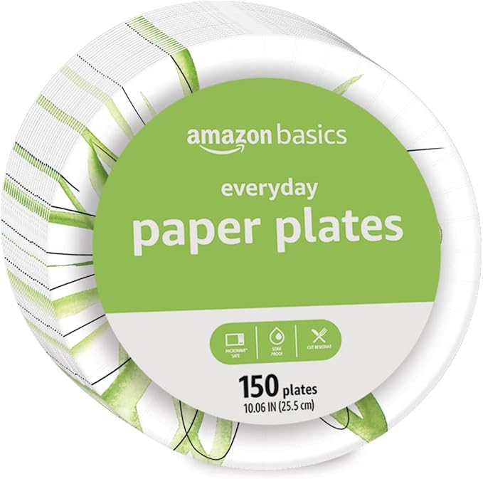 Amazon Basics Everyday Paper Plates, 10 Inch, Disposable, 150 Count