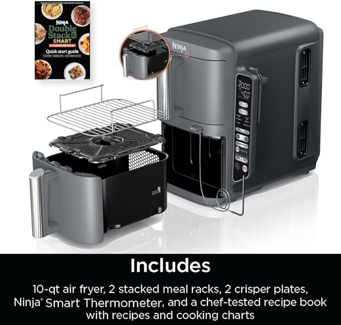 Ninja DoubleStack XL Smart 2-Basket Air Fryer, Smart Cook System, DoubleStack Technology Cook 4 Foods at Once, Space Saving Design, 10 QT, 6-in-1, Smart Finish & Match Cook, Air Fry, Broil, Bake SL451