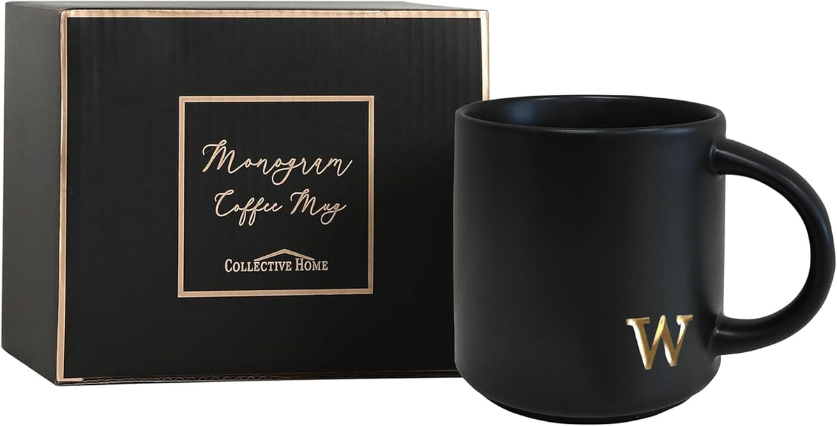 COLLECTIVE HOME - Black Monogram Ceramic Mugs, 15 oz Golden Initial Coffee Cups, Elegant Alphabet Tea Mugs, Personalized Halloween Mug with Gift Box, Perfect for Office and Home Décor (w)