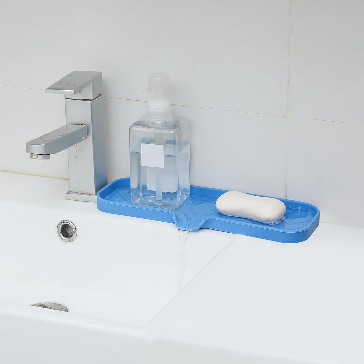 Silicone Bathroom Soap Dishes with Drain Spout-Bathroom and Kitchen Sink Organizer,Sponge Holder,Dish Soap Tray,Perfect for Dispenser,Scrubber,Bottle,Cup on Sink or Counter-Lichen Blue 12"×4"