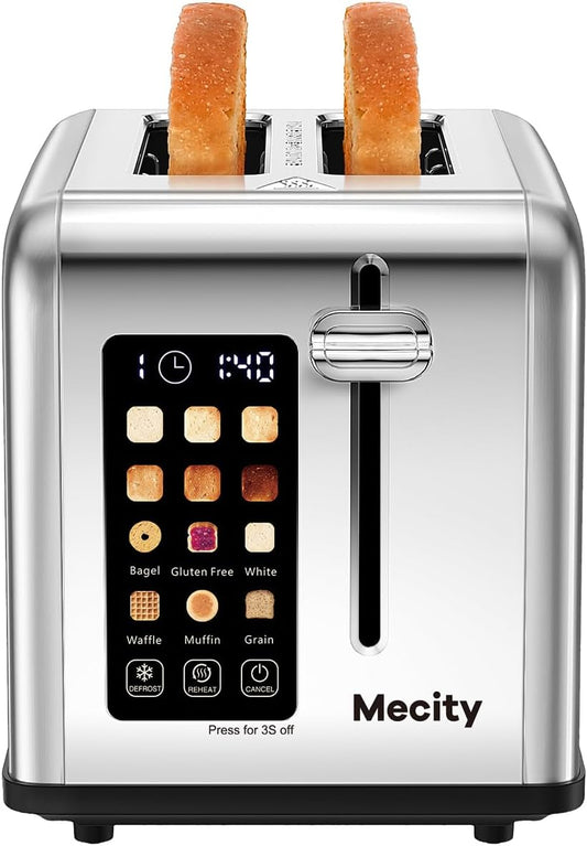 Mecity 2 Slice Toaster Touch Screen 1.5" Wide Slot, Stainless Steel Smart Bread Toaster for Bagel Muffin Waffle Gluten Free Breads, Timer, Defrost, Reheat, 120V 825W