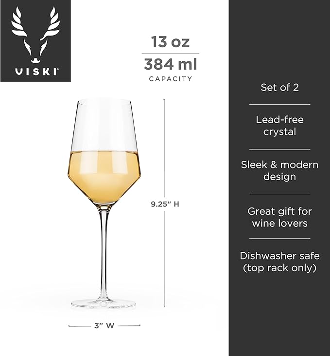 Viski Raye Crystal Angled Chardonnay Glasses, Sleek and Modern Design White Wine Glasses Set, Elegant Glassware for Wedding Gifts, Anniversary, Birthday Gifts, Home Bar Essentials, 13 oz, Set of 2