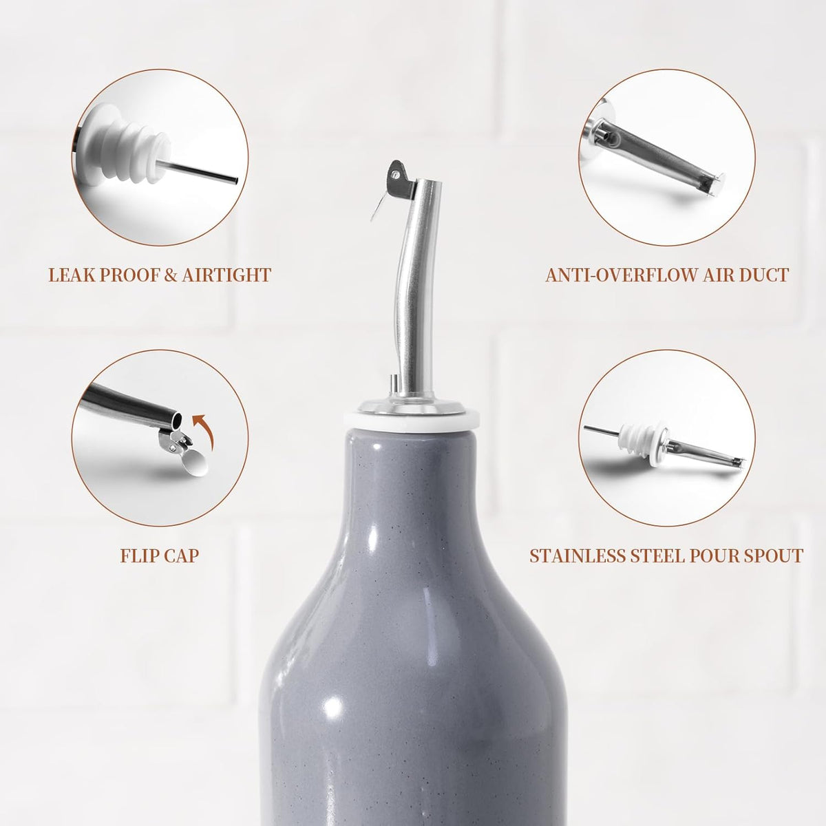 famiware Milkyway 16oz Ceramic Olive Oil Dispenser Bottle, 1 Piece Oil Dispenser for Kitchen with Stainless Steel Pourers, Suitable for Storage Vinegar, Soy Sauce, Coffee Syrup, Liquids, Dark Gray
