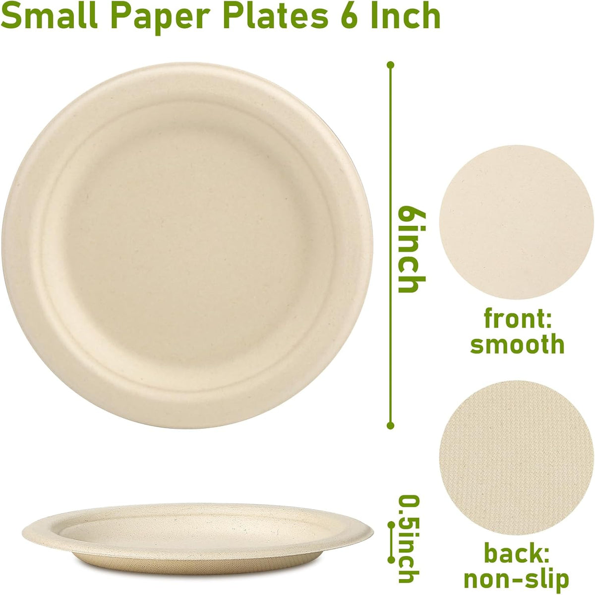 Small Eco Friendly Disposable Paper Plates, 50 Pack 6 inch Biodegradable Compostable Recycled Paper Dessert Plates