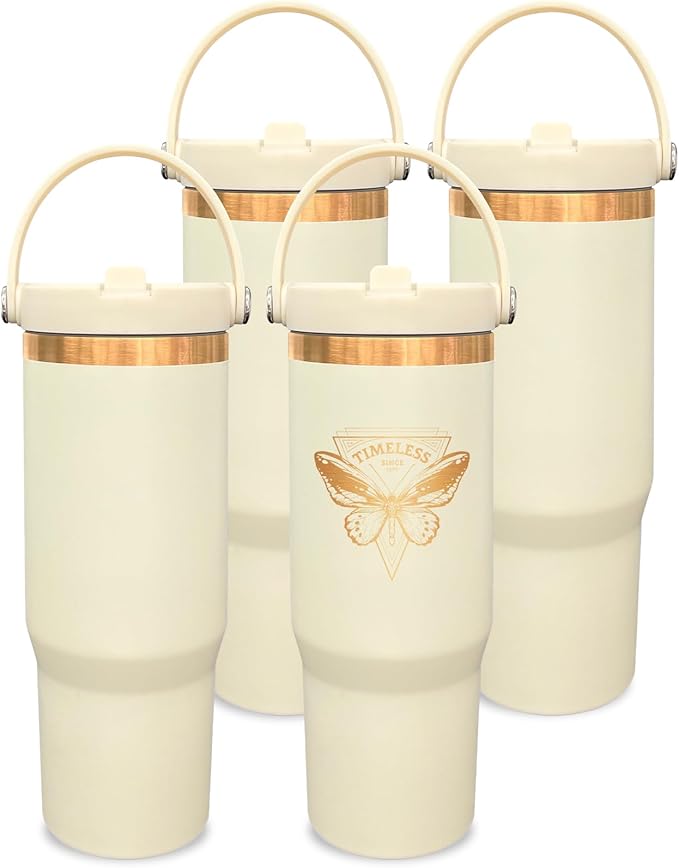 30 oz Tumbler Bulk with Handle and Straw, Vacuum Insulated Tumblers with Flip Straw and Top Handle, Leakproof Powder Coated Tumbler, Stainless Steel Travel Mug for Coffee Water (Cream, 4 Pack)