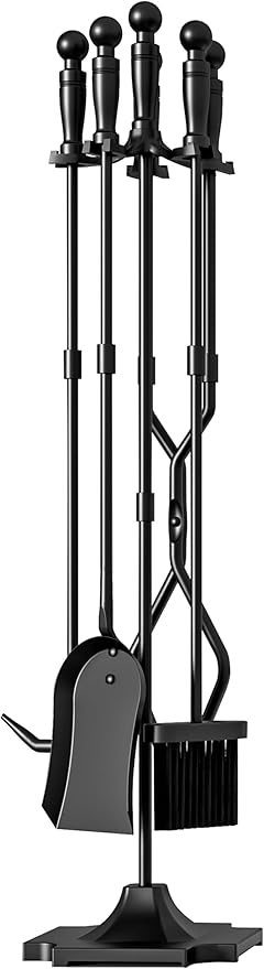 Fire Beauty Fireplace Tools, 5 Pieces Fireside Accessories Fire Kit Set,Woodstove Tools Holder Wrought Iron Handle Indoor Fireset Stand (32 Inches)