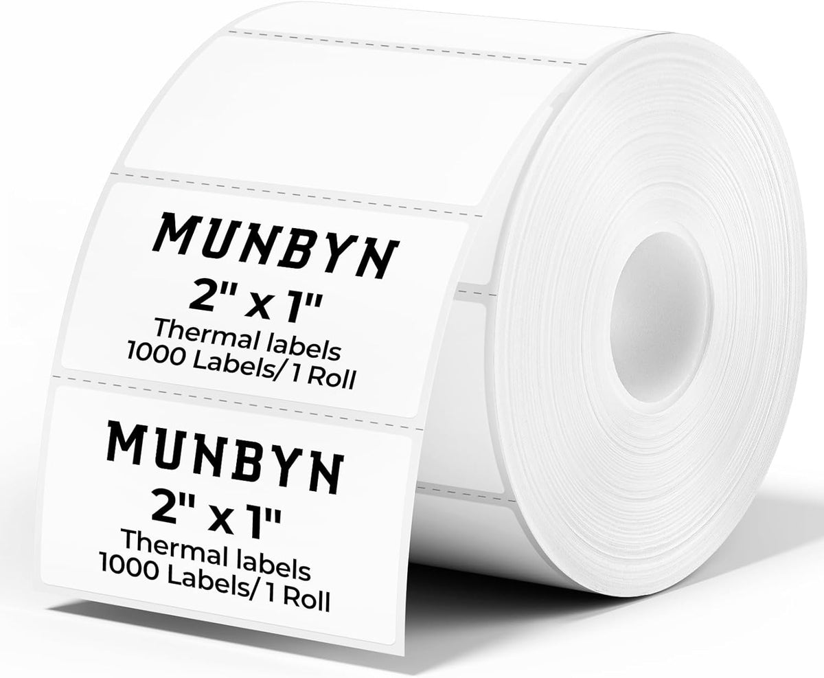 MUNBYN 2x1In Thermal Sticker Labels, Address Barcode Self-Adhesive Label Paper for Direct Thermal Printer and Business, Multi-Purpose Shipping Mailing Name Rectangle White Stickers,1000 Sheets/Roll