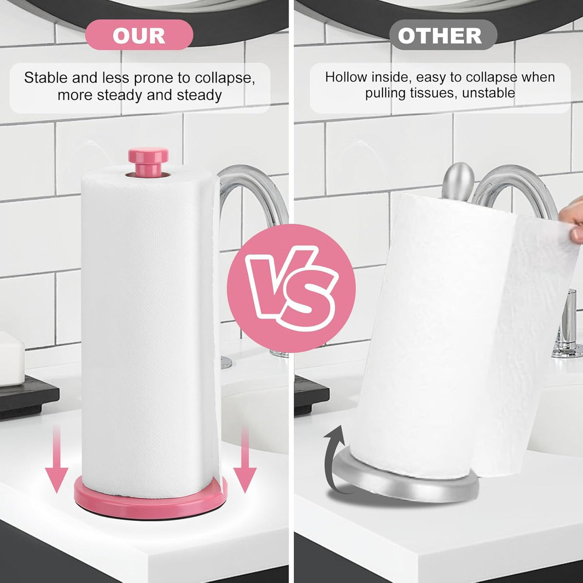 Stainless Steel Paper Towel Holder, Pink, Countertop for Kitchen & Bathroom, Standing with Weighted Base for Standard or Rolls, Brushed Brass