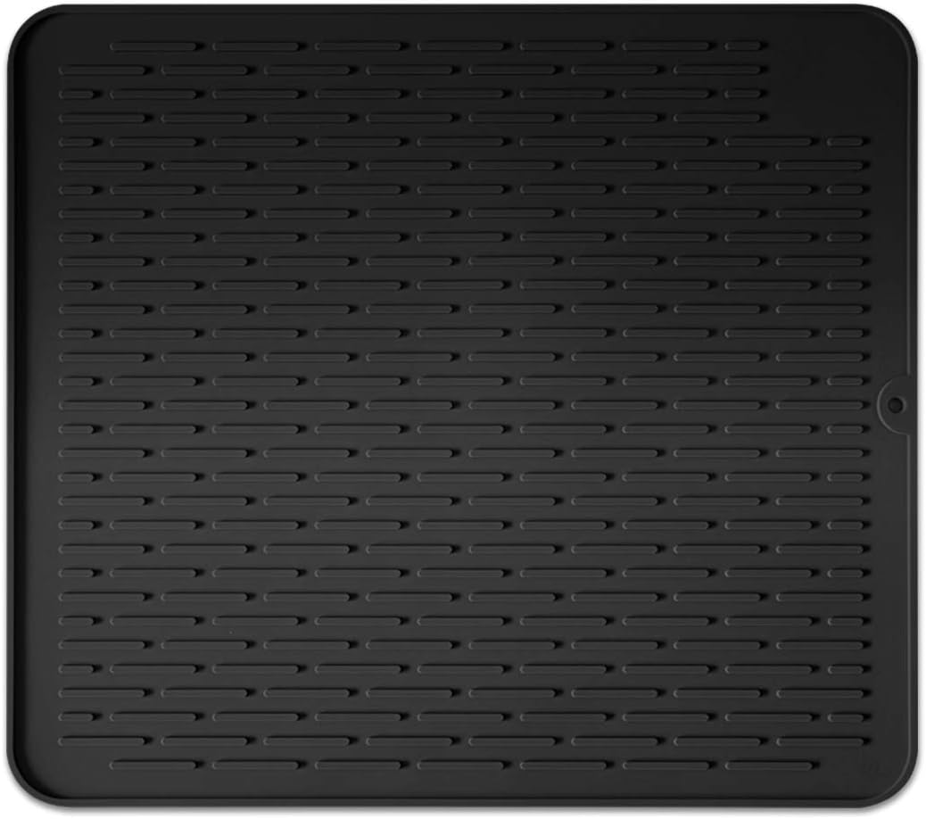 Silicone Dish Drying Mat for Multiple Usage,Easy Clean,Eco-Friendly,Super Sturdy Silicone Dish Drying Mat and Trivet, Dishwasher Safe, Heat Resistant (Black, L 17.7×15.7inch)