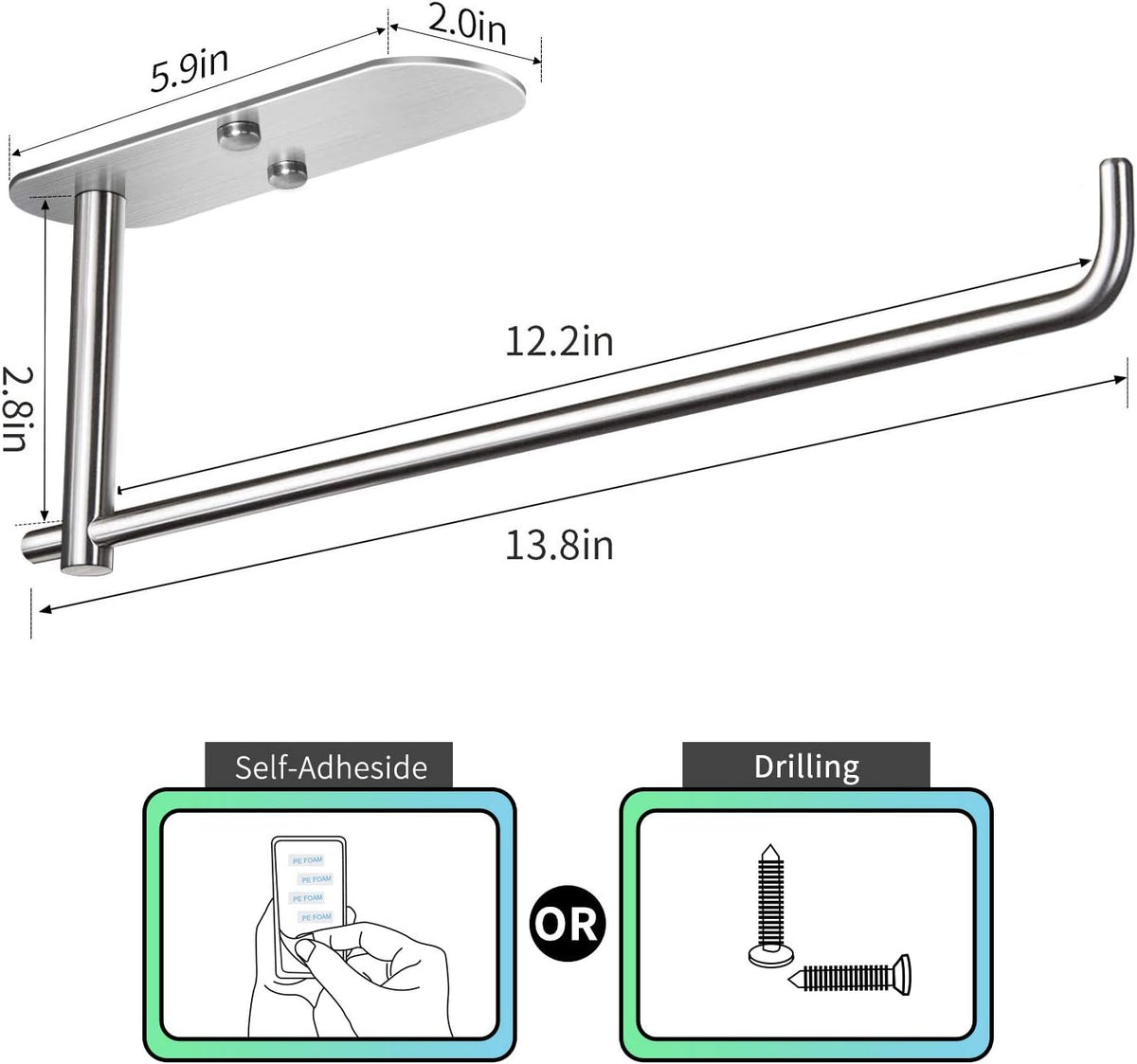 VAEHOLD Self Adhesive Paper Towel Holder Under Cabinet Mount, Wall Mounted Paper Towel Roll Holder for Kitchen, Bathroom, Wall - SUS304 Stainless Steel (Silver)