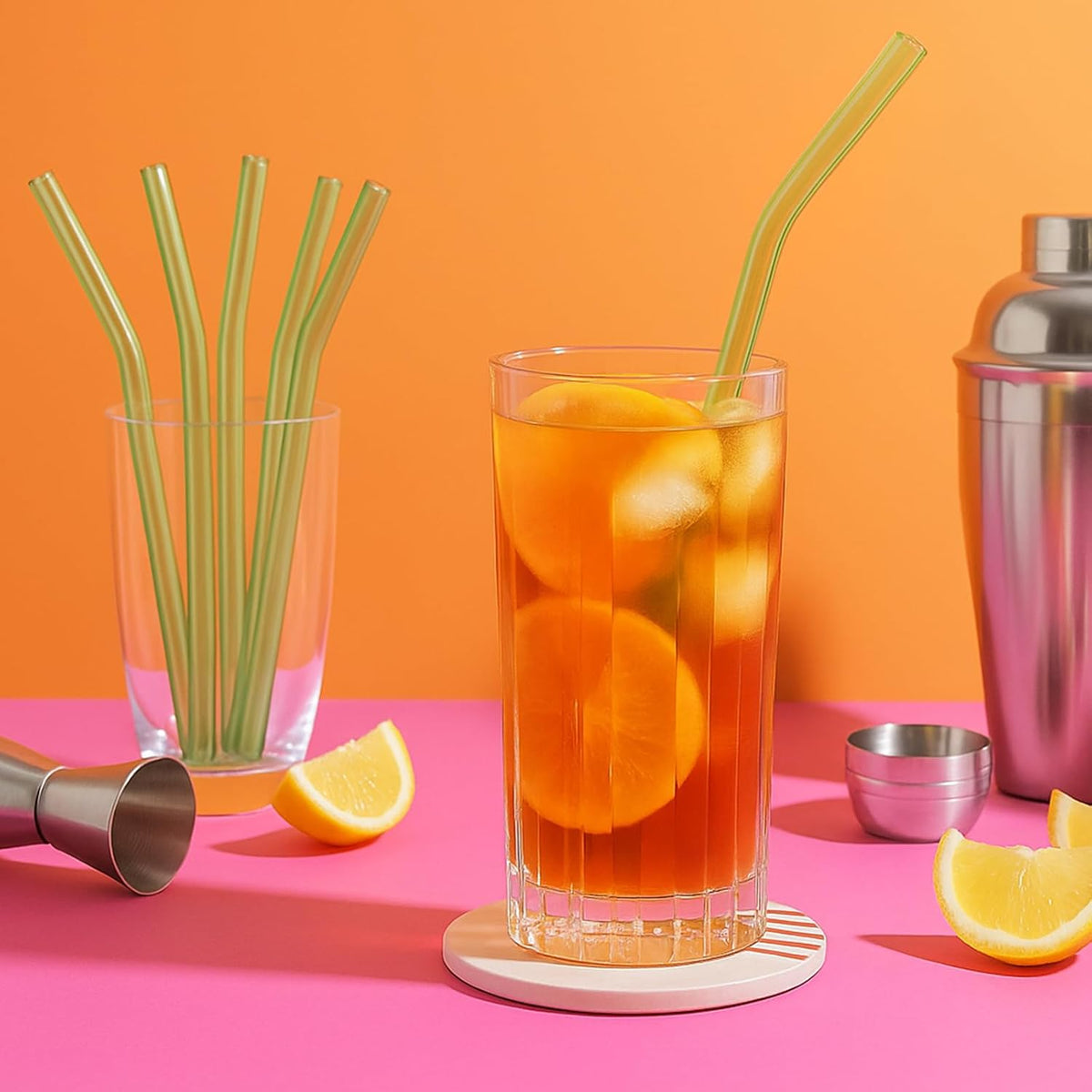12 Pcs Reusable Glass Straws 8"x 8 mm Bent Glass Drinking Straws with Cleaning Brush for Tea, Smoothies, Milkshakes, Juices,Beverages(aqua)